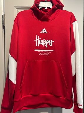 adidas Men’s Red Huskers Pullover Hoodie with White Logo, Size Large
